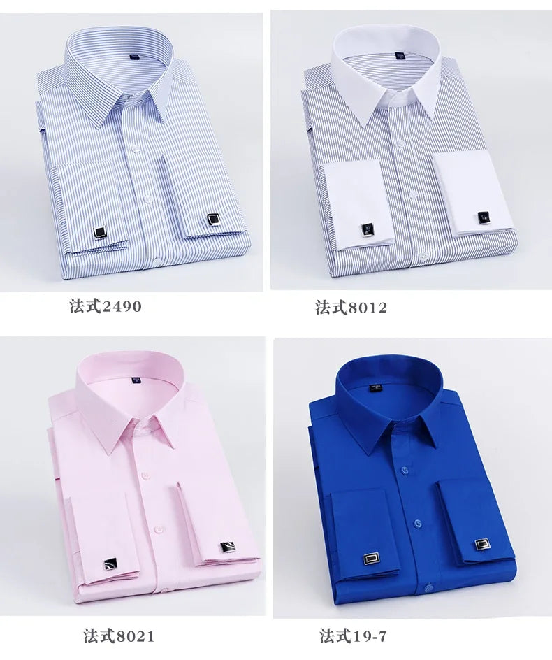 Men's French cufflink shirt with slim fit and contrasting color collar, Windsor collar, striped formal long sleeved shir