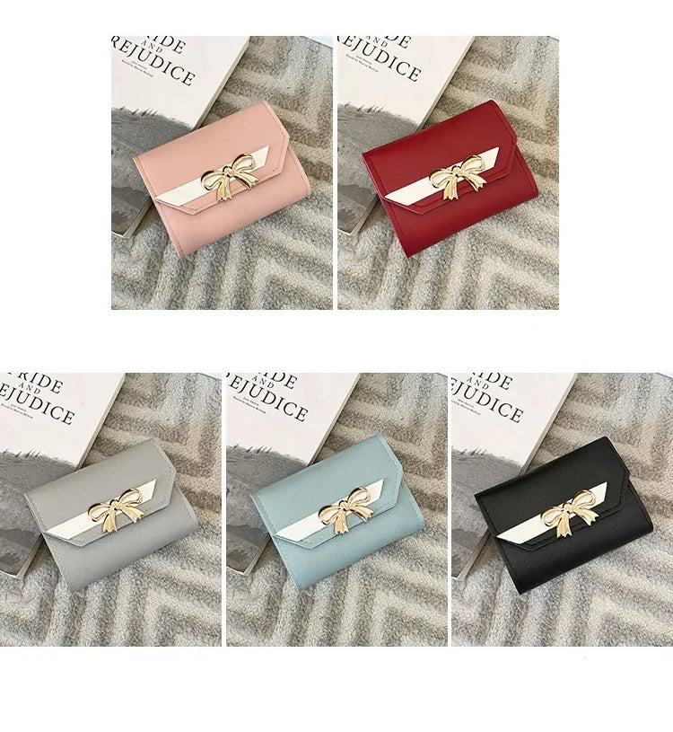 Women Wallet Foldable Portable Ladies Short Coin Purses Fashion Cute Bow Clutch Bag PU Leather Quality Female Card Holder Purse