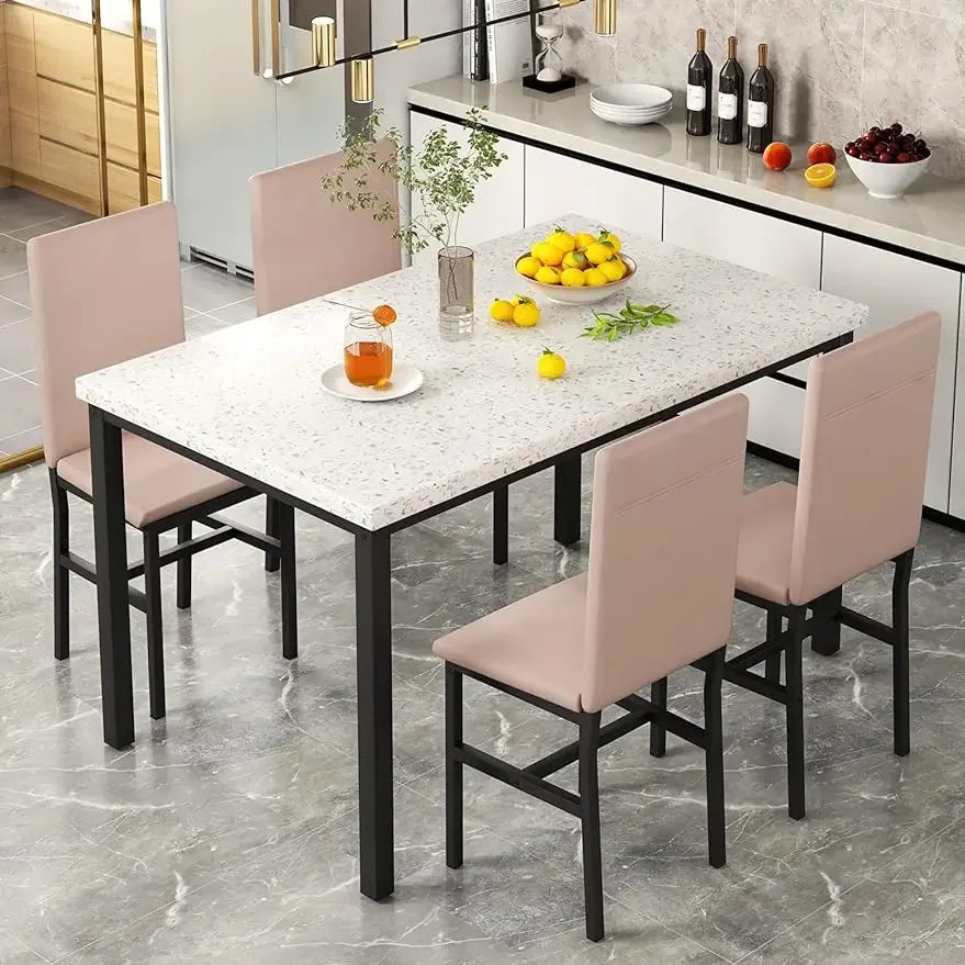 White Faux Marble Dining Table with 4 Upholstered Chairs, 5-Piece Dining Room Table Set for Small Space, Breakfast Table