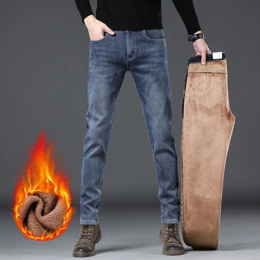 Jean extensible thermique pour homme, pantalon long en polaire épaisse, chaud, peluche, slim, jambe étroite, mode coréenne