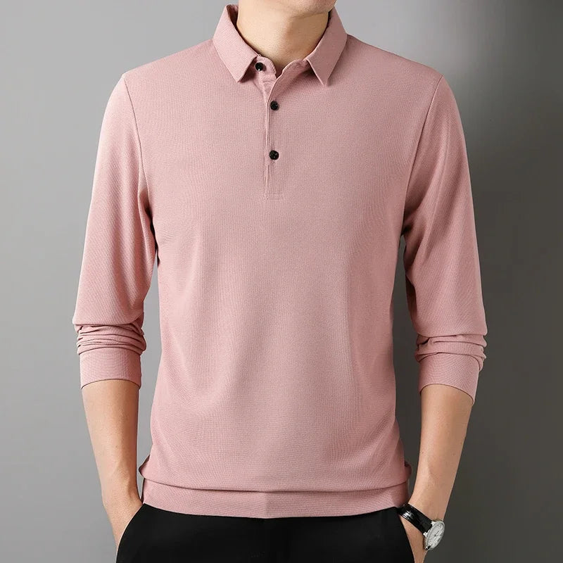 Men's Fashion Waffle Solid Long Sleeved Polo Shirt Summer Breathable Comfortable Top