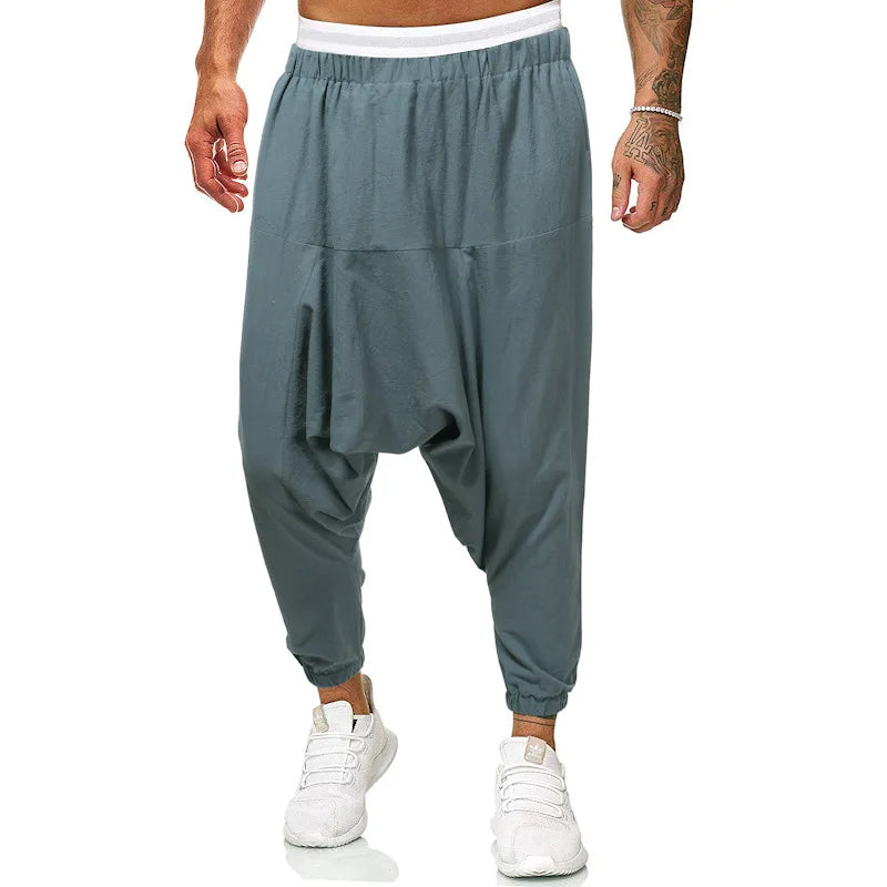 Fashion Cotton Linen Harem Pants Men Solid Elastic Waist Streetwear Joggers Baggy Drop-crotch Pants Casual Trousers Men