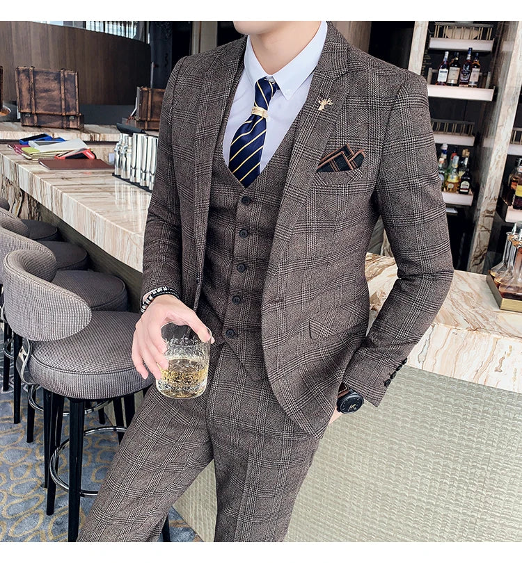 High Quality British Korean Modified Plaid Men (suit + Vest + Trousers) Stylish and Handsome Business Casual Three-piece Suit