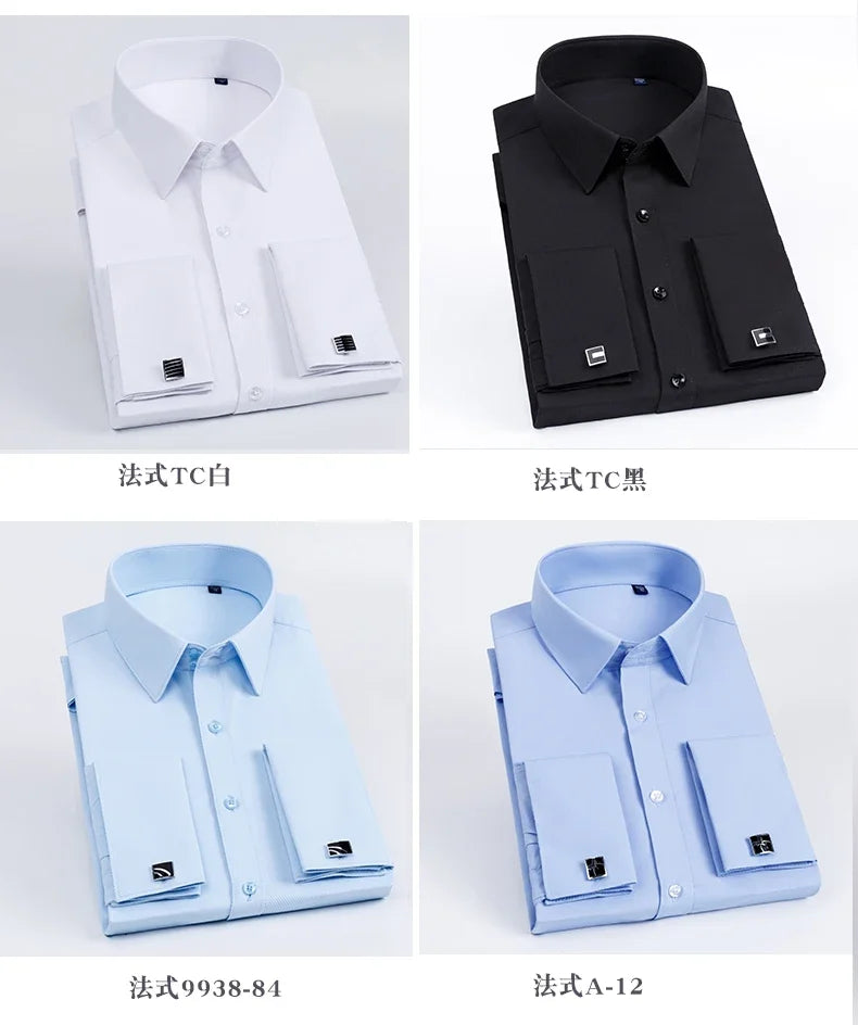 Men's French cufflink shirt with slim fit and contrasting color collar, Windsor collar, striped formal long sleeved shir