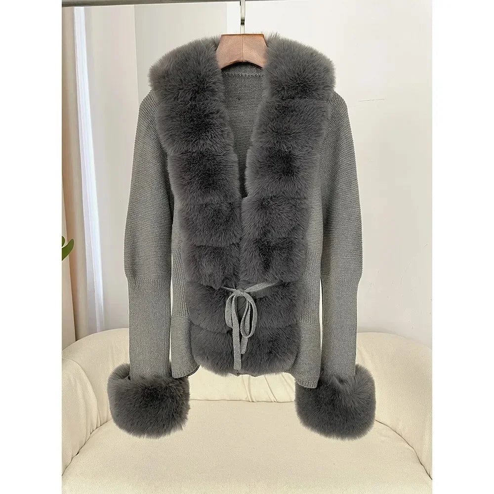 Autumn/Winter 2024 Women's Fur Coat Luxury Patchwork Knitted Sweater Bandage Fur Cardigan Detachable Collar Jacket Faux Fur Coat