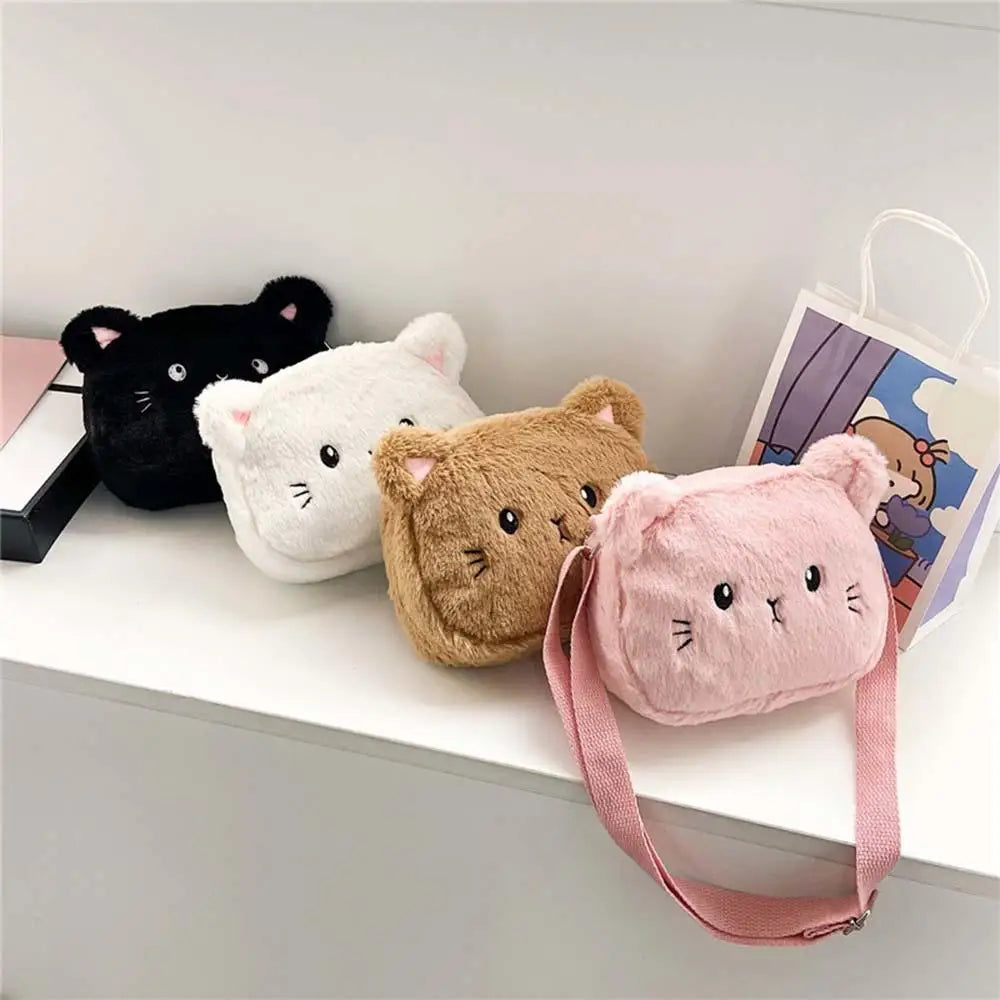 Plush Cartoon Children's Messenger Bag Cute Cat Lovely Kids Crossbody Handbags Zipper Little Girl Purse Gift For Child