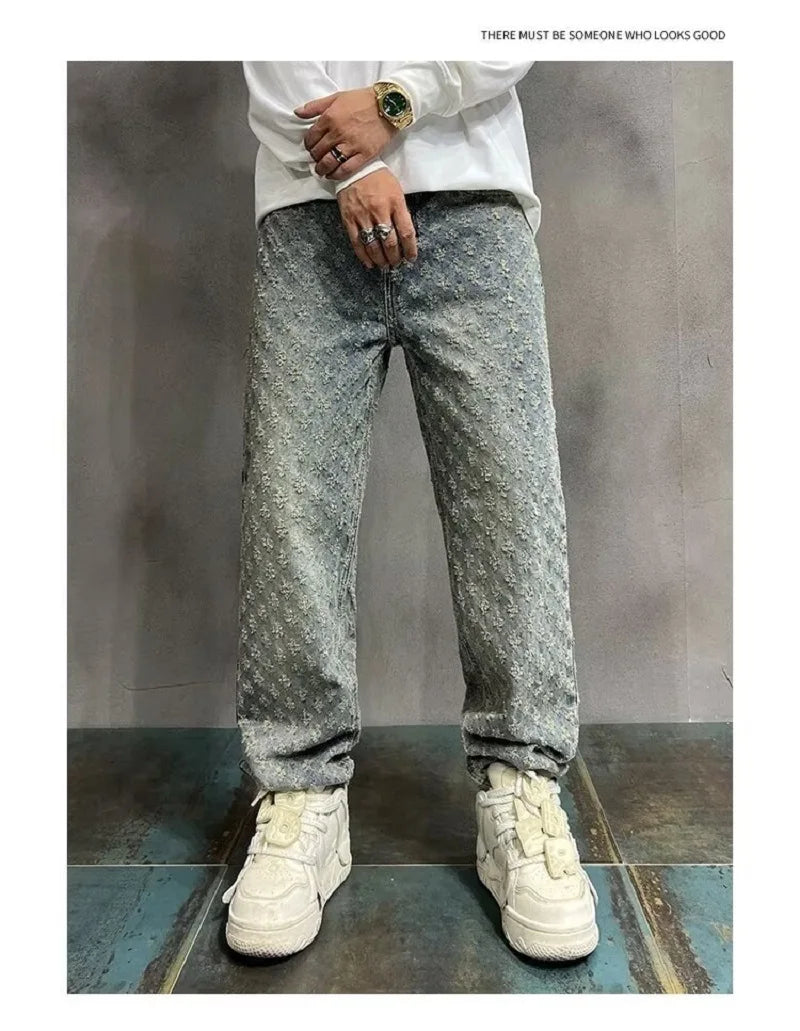 Jacquard All Over High Street Jeans Mens 2024 New Straight Lift Pattern Loose Wide Leg Jeans Casual Boyfriend Jeans Pants Tide