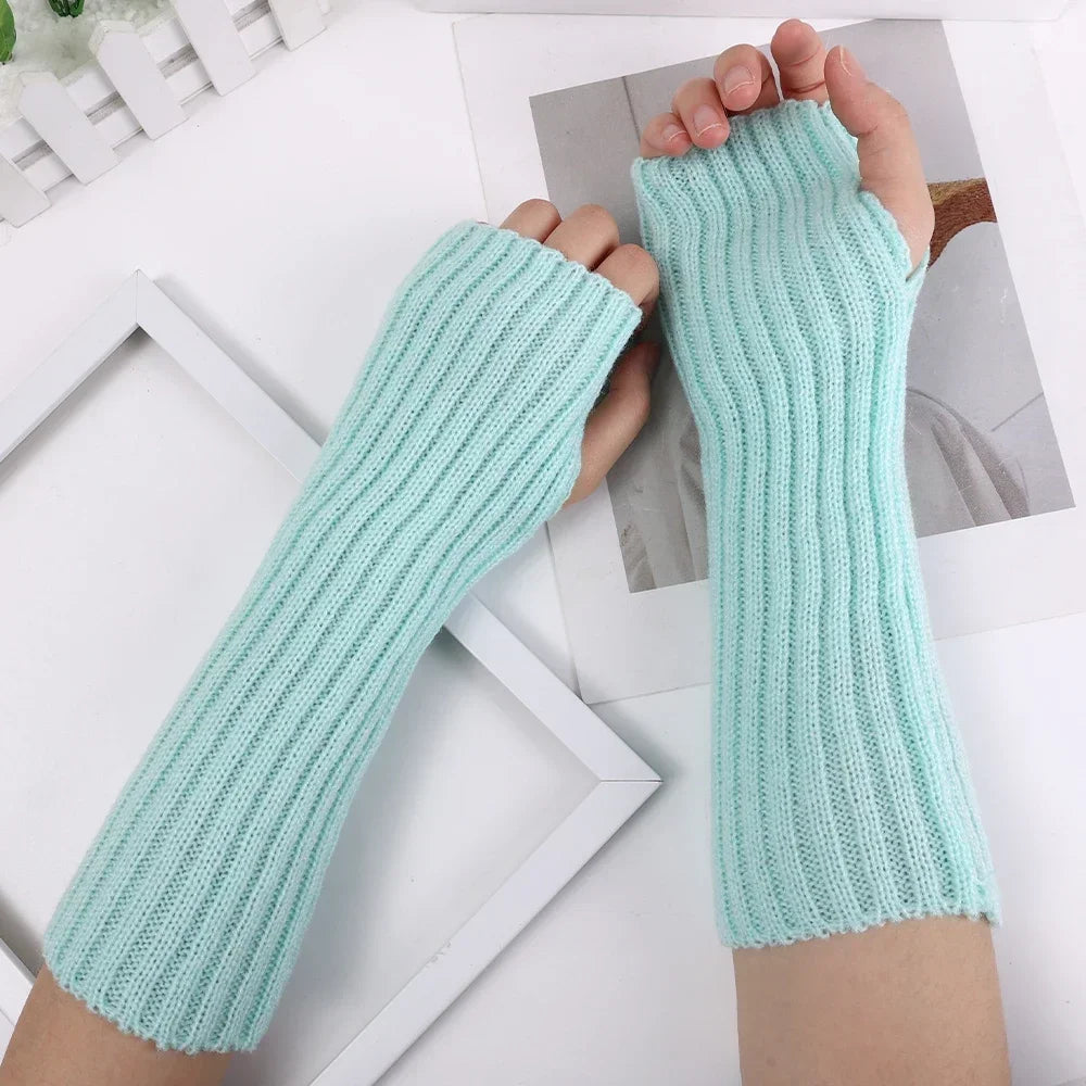 Women Knitted Arm Warmer Long Fingerless Gloves Mitten Winter Y2K Solid Arm Sleeve Fashion Casual Soft Girls Clothes Punk Gloves