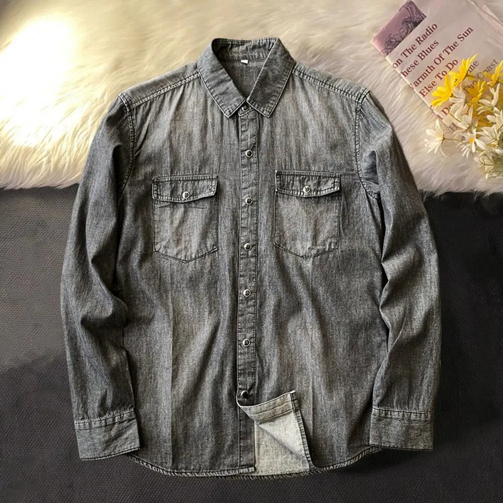 Men's Long-sleeved Solid Denim Shirt Fashion Classic Retro Denim Pocket Decoration Business Shirt Spring And Autumn Tops