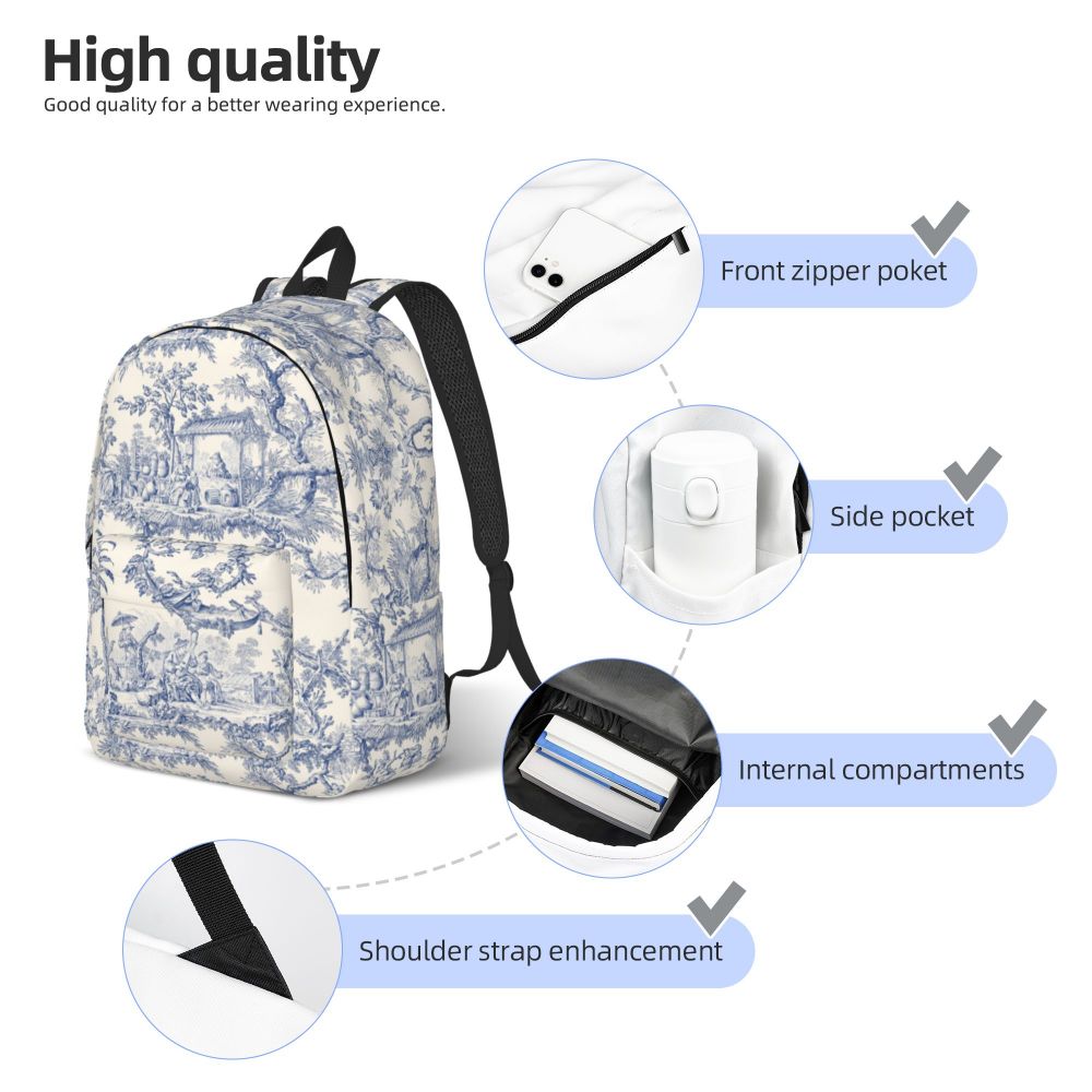 Personalized Navy Blue Toile De Jouy Canvas Backpacks Men Women Basic Bookbag for School College French Countryside Floral Bags