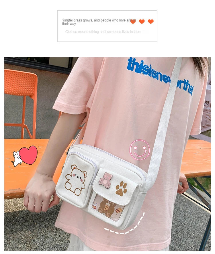 Canvas Small Bag Japanese ins Women Shoulder Bag Cute Funny Personality Embroidery Bear Girl Student Transparent Messenger Bag