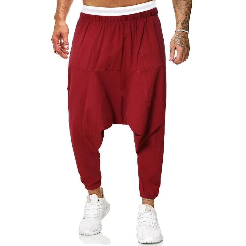 Fashion Cotton Linen Harem Pants Men Solid Elastic Waist Streetwear Joggers Baggy Drop-crotch Pants Casual Trousers Men