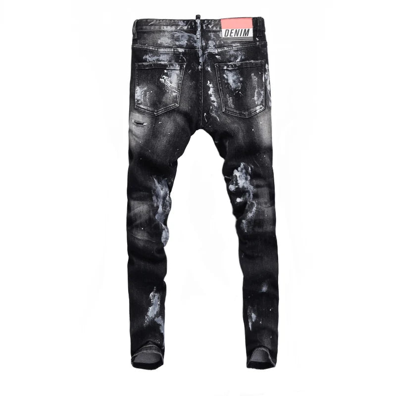 High Street Fashion Men Jeans Retro Black Gray Stretch Skinny Fit Ripped Jeans Men Painted Designer Hip Hop Brand Pants Hombre