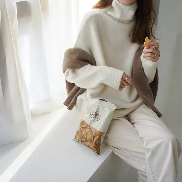 2023 New turtleneck cashmere sweater women thickened cashmere sweater loose hedging lazy knit base