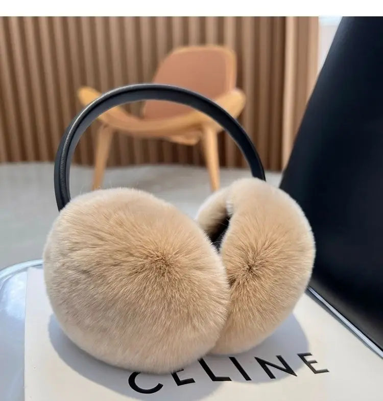 100% Natural Fur Ear Muffs for Women Winter Fur Headphones Soft Warm Cable Furry Real Rex Rabbit Ear Covers for Cold Weather