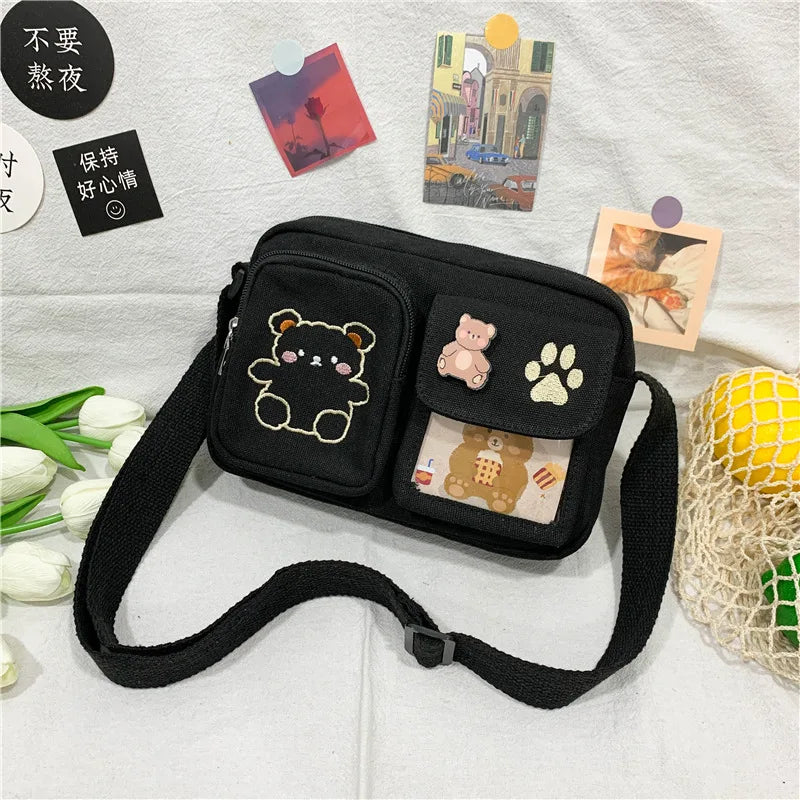 Canvas Small Bag Japanese ins Women Shoulder Bag Cute Funny Personality Embroidery Bear Girl Student Transparent Messenger Bag