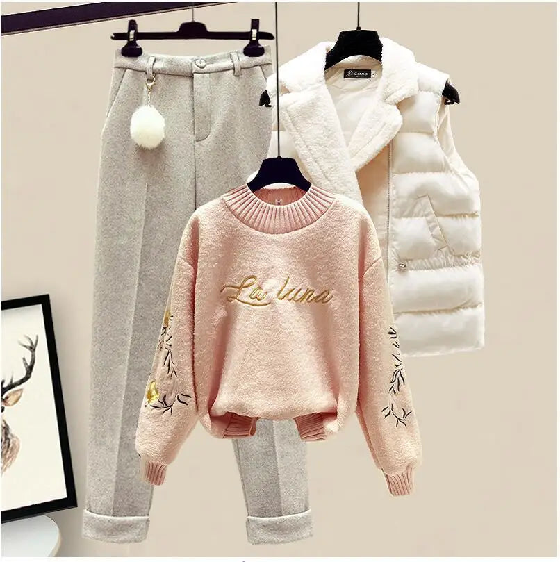 Thickened Cotton Jacket Vest Knitted Long Sleeved Sweater Pullover Woolen Pants Three Piece Elegant Women's Pants Set