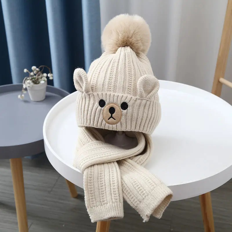 Children Hat and Scarf Set Baby Knitted Hat with Velvet for Warmth Winter Hats for Girl Cute Baby Caps for Boys Шапка Детская