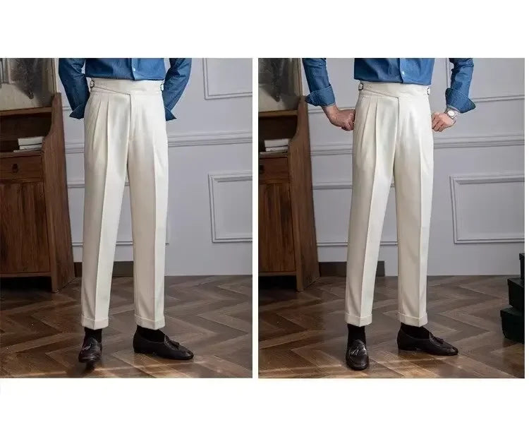 Spring Autumn White Men's Trousers Business Casual Cropped Pants Paris Button Trendy Italian Style