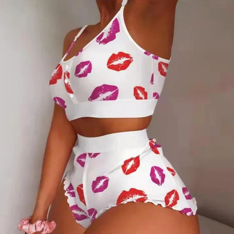 Women Sleepwear Lips Butterfly Print Home Suspended Pajamas Set Vest Bra Top Short Nightwear Lingerie Women's Nightgown