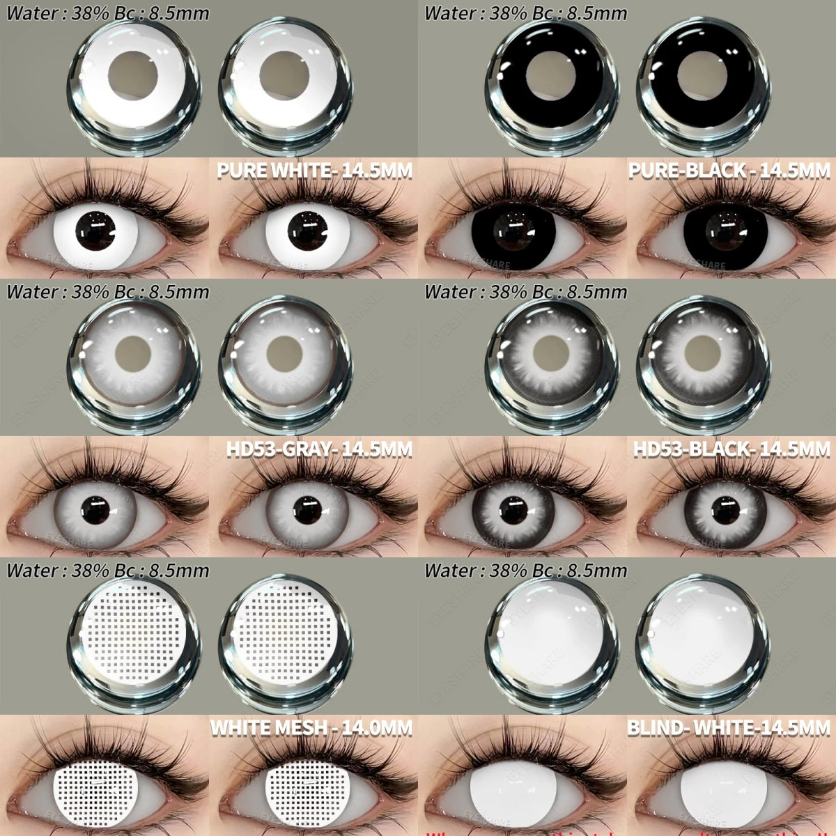 EYESHARE Lot de 2 lentilles de contact colorées pour cosplay, lentilles de contact blanches folles, lentilles pour les yeux noirs, lentilles de maquillage pour Halloween