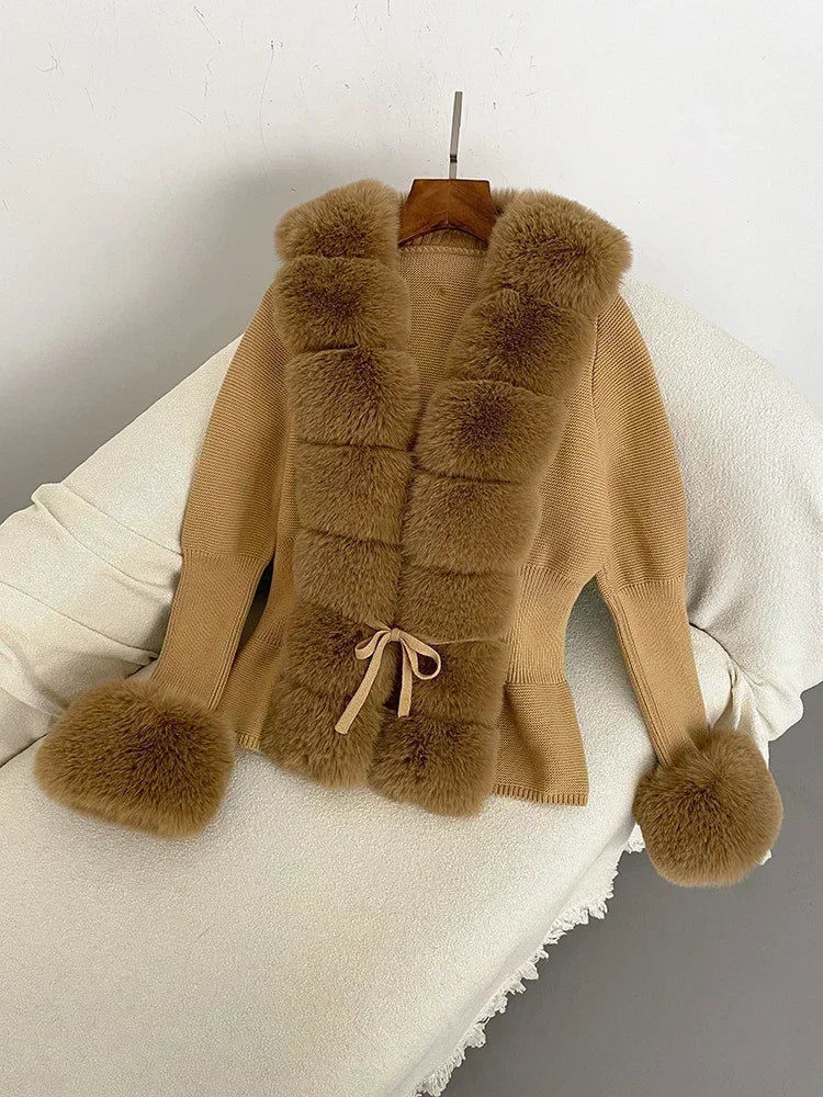 Autumn/Winter 2024 Women's Fur Coat Luxury Patchwork Knitted Sweater Bandage Fur Cardigan Detachable Collar Jacket Faux Fur Coat