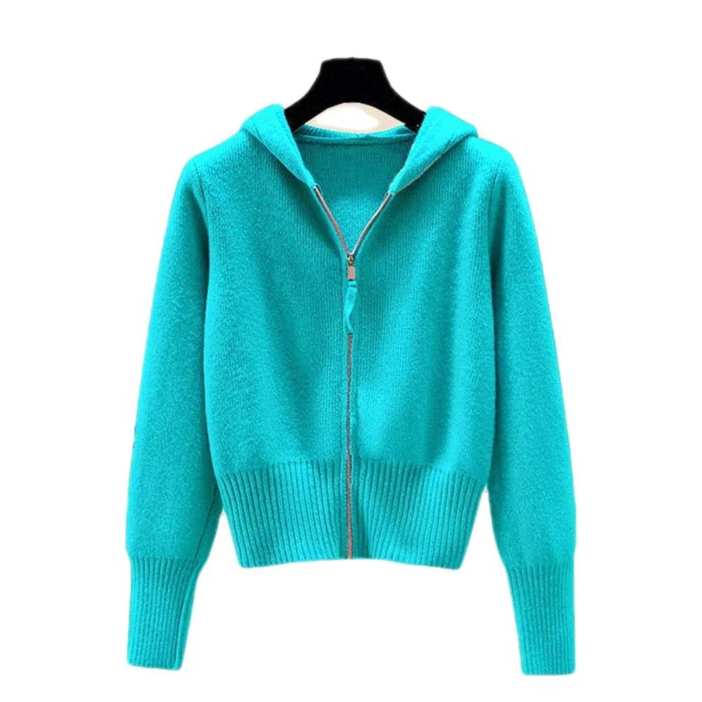 Autumn Winter Long Sleeved Double Zipper Soft Cardigan Sweater With Hat Design Top Spring Fashion Hooded Sweater Jacket Women