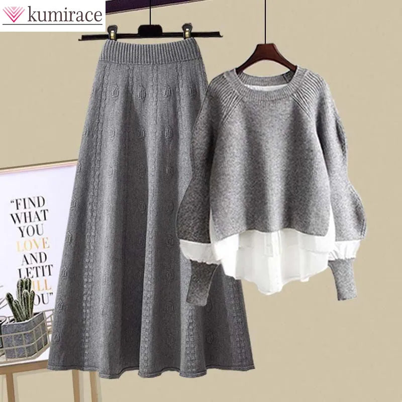 Autumn and Winter Set for Women 2024 New Slimming Fake Two-piece Knitted Sweater Age Reducing Half Skirt Two-piece Set