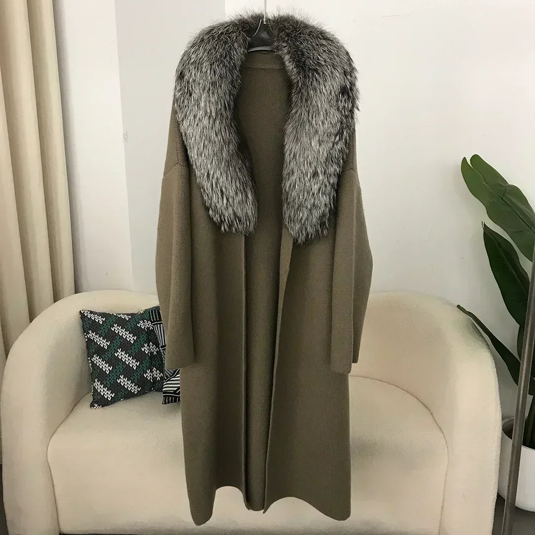 2024 Natural Fox Fur Collar Jacket Spring Autumn Real  Sweater Fur Coat Women Belt Long Loose Thick Warm Outerwear Knitting Coat