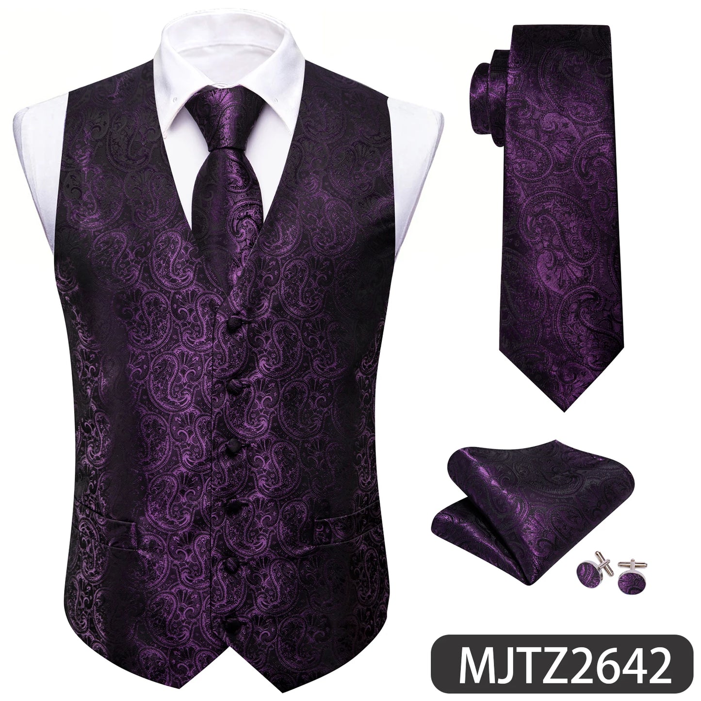 Lilac Purple Violet Lavender Silk Men Vest Tie Hanky Cufflinks Set Woven Waistcoat Sleeveless Jacket Wedding Business Barry.Wang