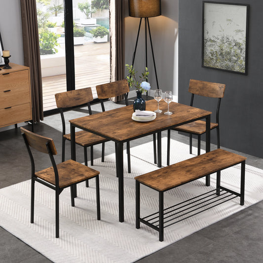 Dining table chair and bench set 6 Wood steel frame industrial style kitchen dining table set