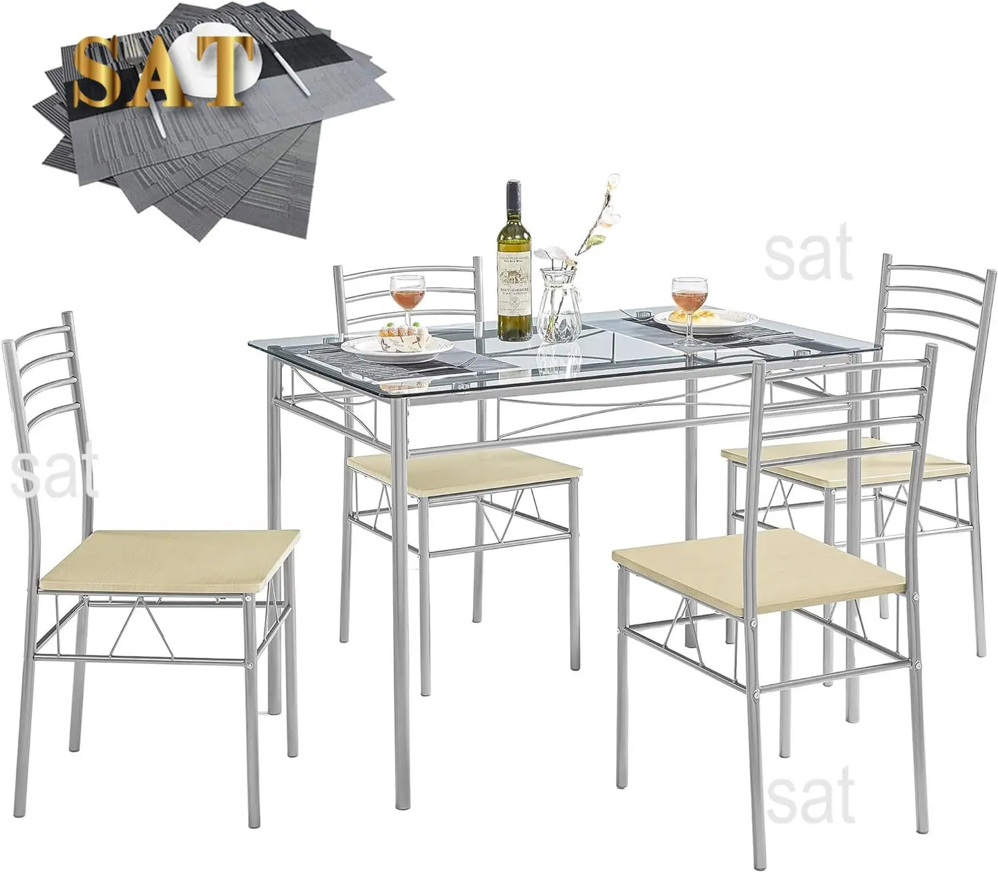 Kitchen Dining Room Sturdy Stable Table and Chairs 4, 5-Piece Dinette Sets, Space Saving (Silver), 43.3",Easy Assembly