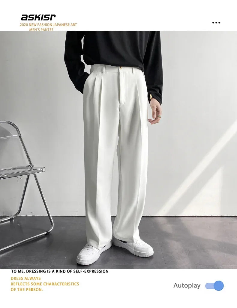 Spring Autumn Korean Style Men's Straight-leg Suit Pants Loose Fit Casual White Wide-leg Trousers Dragging Pants