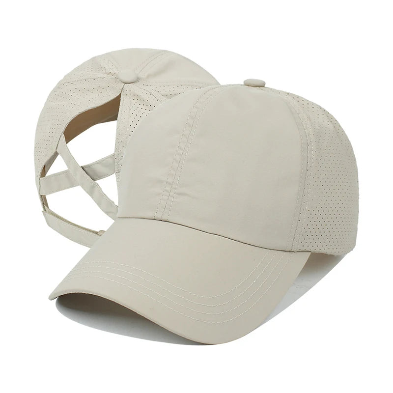 Casquette de baseball d'été de couleur unie pour femme, vêtement de golf, sport, loisirs, queue de cheval croisée, maille à séchage rapide, demi-creuse, casquette à visière pour homme