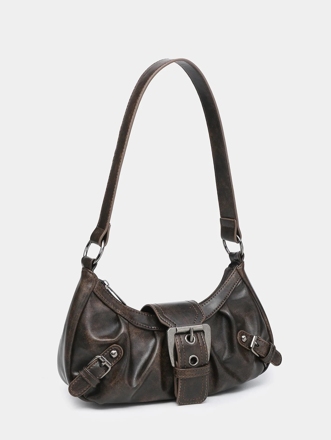 New Fashion Maillard Style Shoulder Bag Vintage Leather Spicy Girl Y2K Armpit Bag Rivet Belt Trendy Saddle Bag Retro Handbag