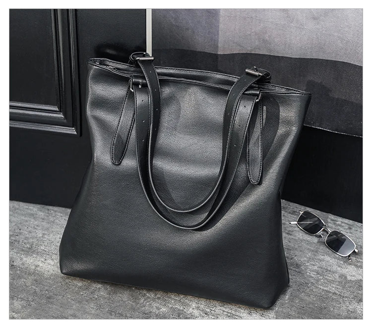 Soft Leather Tote Bag for Men Japanese Korea Style Business Casual Street Handbag Male Large Capacity Zipper Laptop Underam Bags