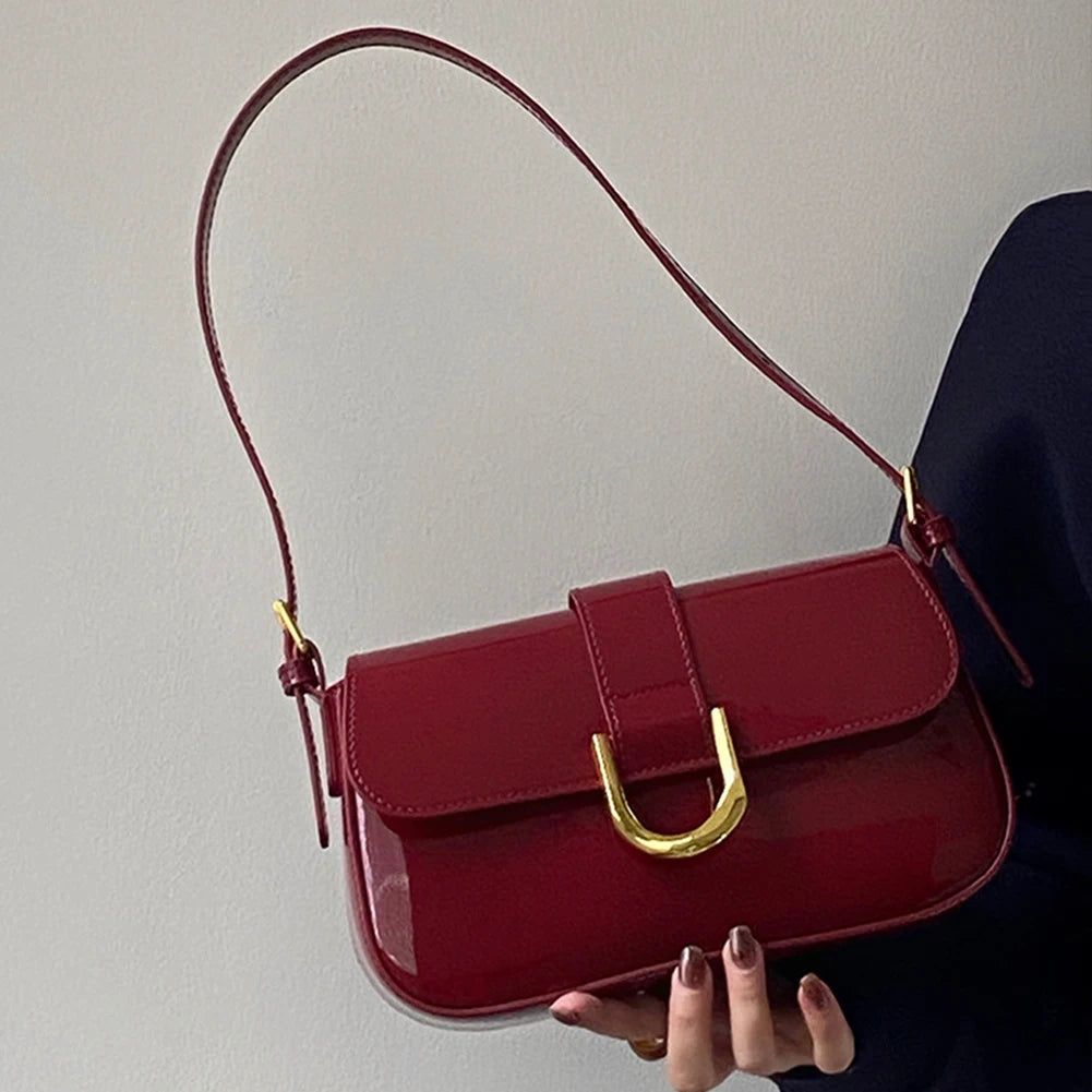 Retro Patent Leather Shoulder Bag For Women Luxury Flap Crossbody Bag Solid Color Underarm Bag Red Crossbody Bag Lady Handbag