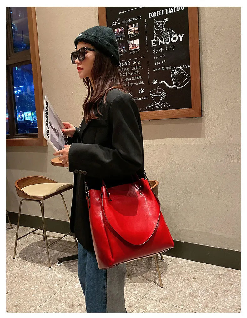 100% Genuine Leather Women Tote Bag Large Capacity High Quality Cowhide Women's Shoulder Bags Wrinkled Opening Fashion Handbag