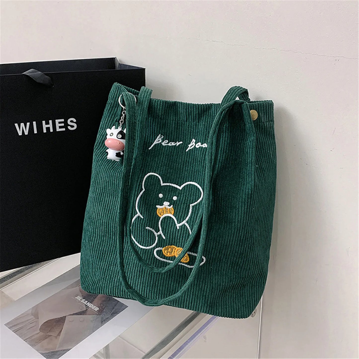 Cartoon Embroidered Bear Shoulder Bag Foldable Corduroy Handbag For Women Large Capacity Tote Bags Eco Friendly Shopping Bag