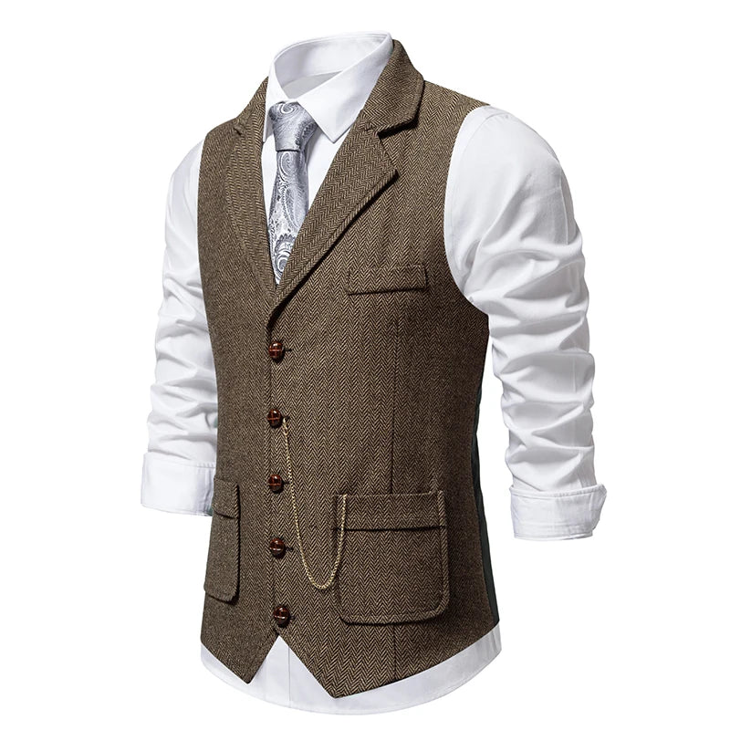 Men's Retro Lapel Chain Vest Fashion Herringbone Coarse Tweed Pockets Suit Vest British Casual Vintage Gentleman Leisure Party