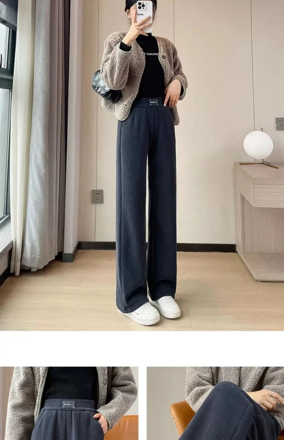 Winter Warm Thicken Lambswool Straight Pants Women Casual Elastic High Waist Fleece lined Wide Leg Pantalones Chic Baggy Pants