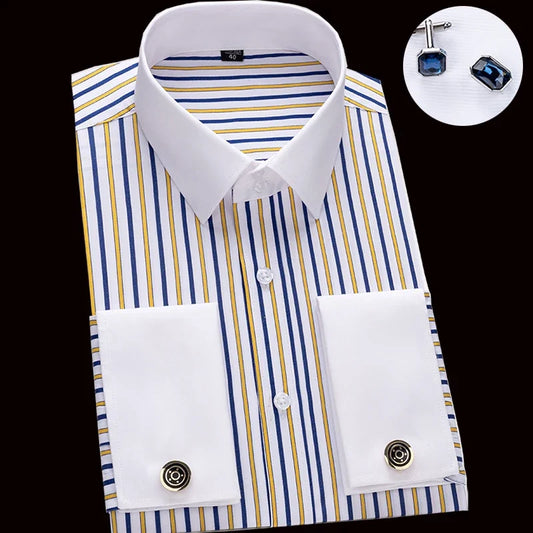 Men's French cufflink shirt with slim fit and contrasting color collar, Windsor collar, striped formal long sleeved shir