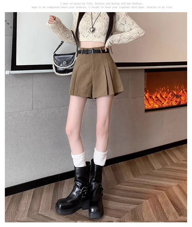 Corduroy Velvet Women Shorts Autumn Winter High Waist Slim Flared Trousers Fashionable Temperament A- crotch Boots