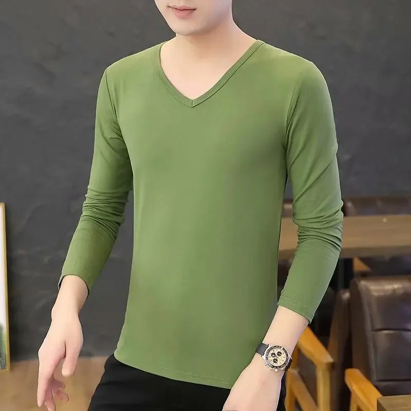 Men's Long Sleeve Black V-neck Base Layer T-shirt Solid Color Autumn Innerwear Thin Style Comfortable Men's Top