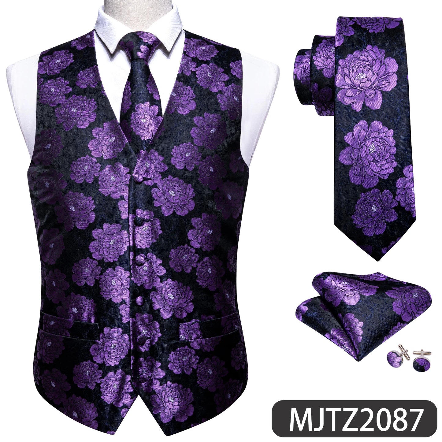 Lilac Purple Violet Lavender Silk Men Vest Tie Hanky Cufflinks Set Woven Waistcoat Sleeveless Jacket Wedding Business Barry.Wang