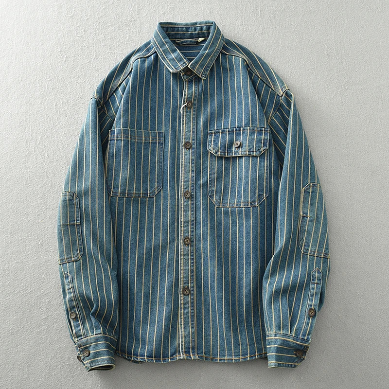 Chemise en jean délavé épais pour homme, style rétro, printemps-automne, 100 % coton, rayures verticales, manches longues, manteau, vêtements de travail amples