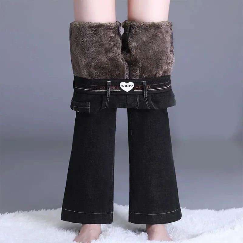 Winter Plush Velvet Lined Flare Denim Pants Skinny Casual Warm Thicken High Waist Women Jeans Snow Wear New Stretch Vaqueros