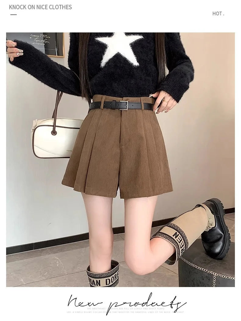 Corduroy Velvet Women Shorts Autumn Winter High Waist Slim Flared Trousers Fashionable Temperament A- crotch Boots