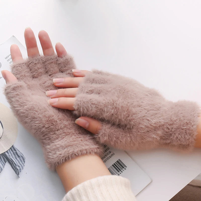 Plush Fingerless Gloves Female Winter Mitten Soft Warm Student Women Gloves Outdoor Write Mink Gloves Thickened Cold Protection