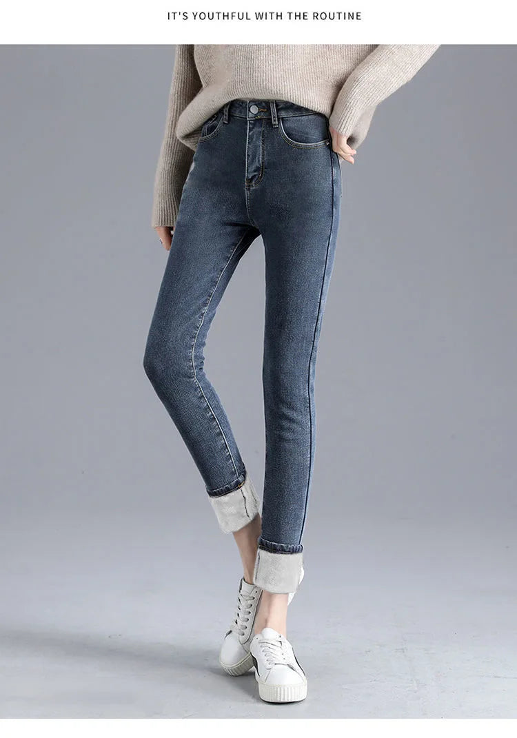 Fleece-lined Thickened High-waisted Women's Jeans Slimming Autumn/winter Versatile Thickened Denim Pants